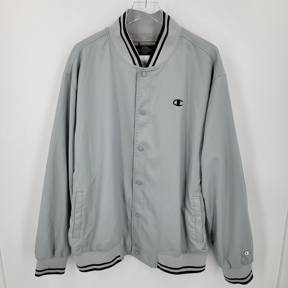 Champion Jacket Mens XL Varsity Track Gray Black Snap Button Up Lined